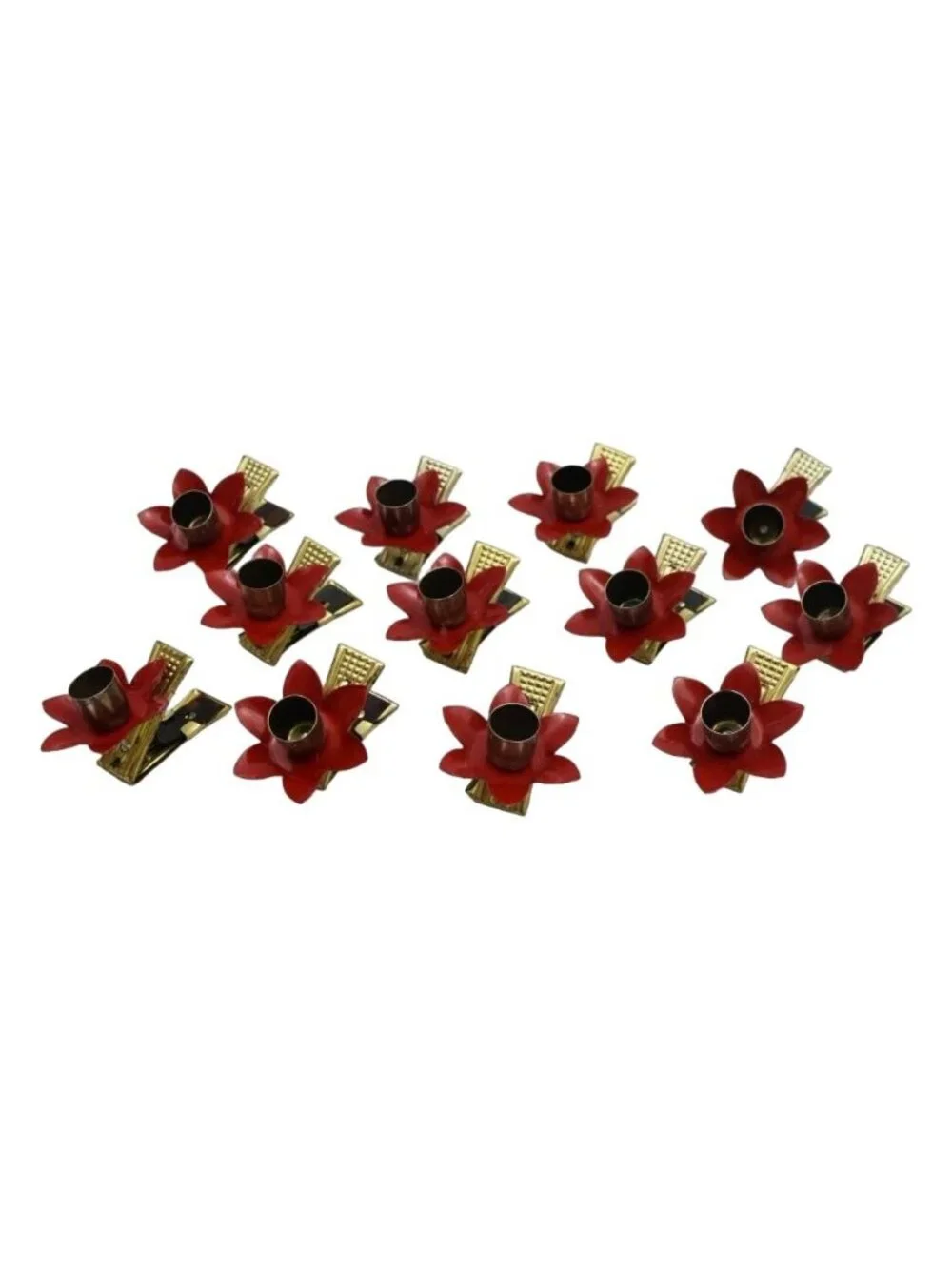 Vintage Red Poinsettia Metal Candle Clips Christmas Tree Decor Set of 12